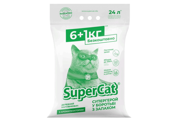 Наповнювач для котячого туалету Super Cat з ароматизатором деревний поглинаючий 6+1 кг (12 л)