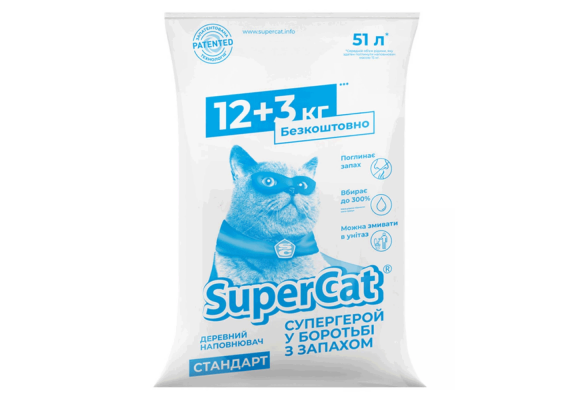 Наповнювач для котячого туалету SuperCat СТАНДАРТ Деревний поглинаючий 12+3 кг (26 л)