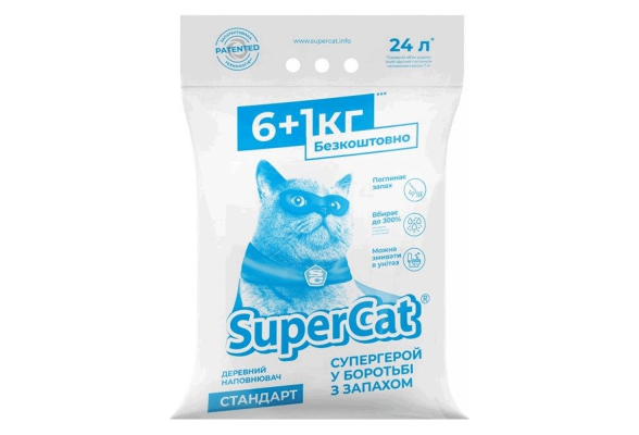 Наповнювач для котячого туалету SuperCat СТАНДАРТ Деревний поглинаючий 6+1 кг (12 л)