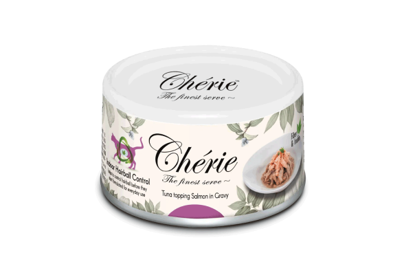 Cherie Hairball Control Вологий корм для котів для контролю утворення грудочок шерсті, шматочки тунця та лосося в соусі, 80 г