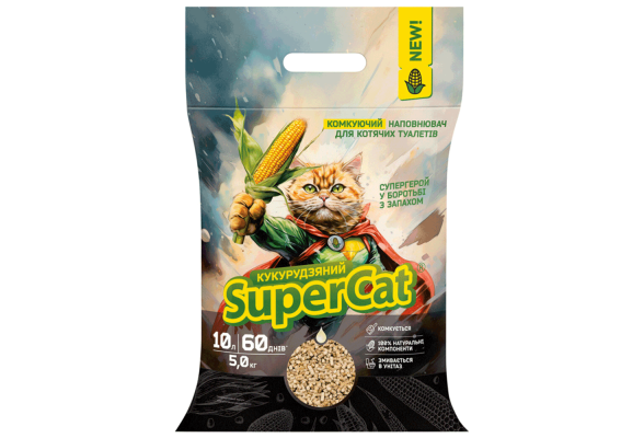 Кукурудзяний наповнювач SuperCat комкуючий для котячих туалетів, 5 кг