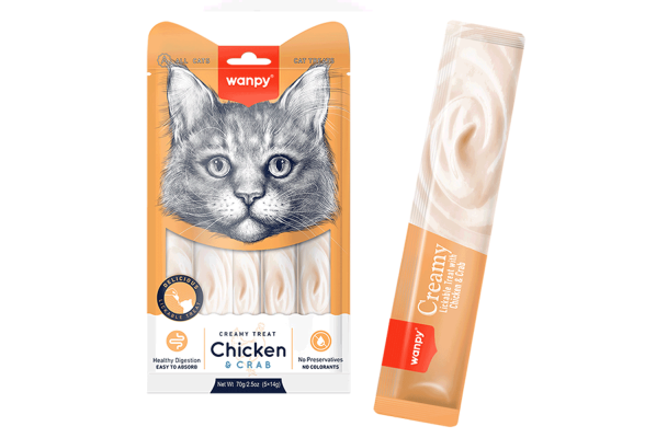 Wanpy Creamy Lickable Treats Рідкі ласощі для котів, з куркою та крабом, 70 г