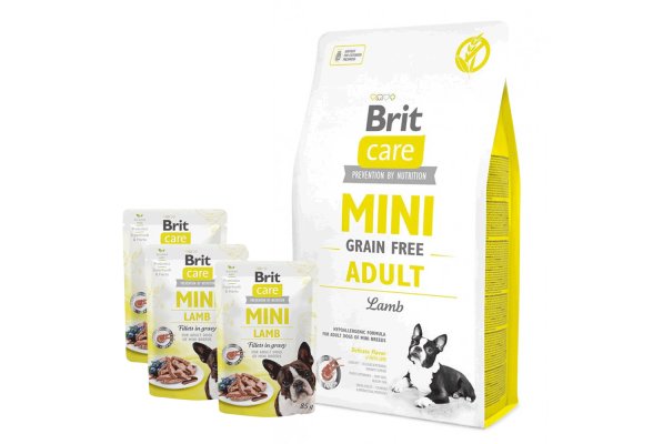 Brit Care GF Сухий корм для собак малих порід, з ягням, 2 кг + 3 паучи у подарунок