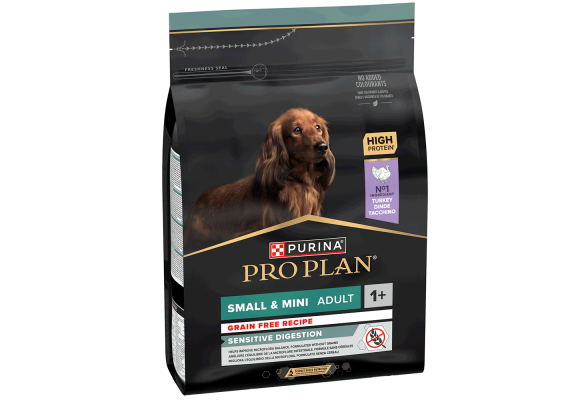 Pro Plan Small&Mini 1+ Sensitive Digestion Сухий корм для дорослих собак з чутливим травленням, беззерновий, з індичкою, 2,5 кг