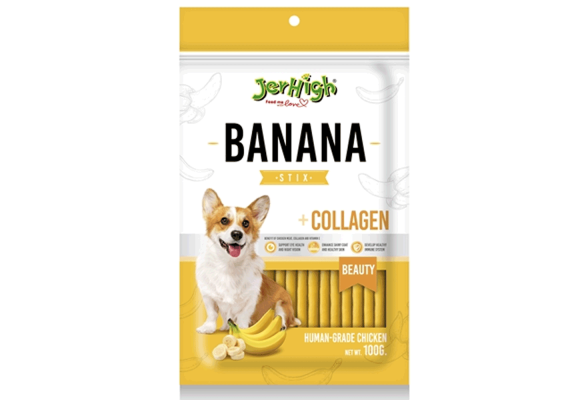 Jerhigh Ласощі для собак, палички з куркою, бананом та колагеном, 100 г