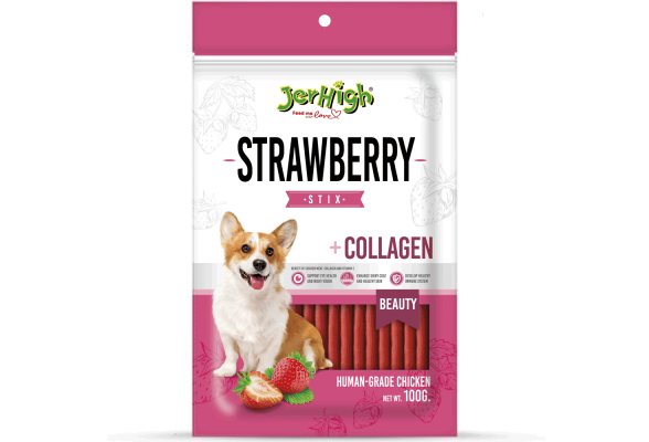 Jerhigh Ласощі для собак, палички з куркою, полуницею та колагеном, 100 г