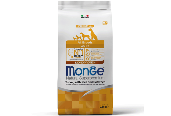 Monge all breeds Monoprotein Сухий корм для собак, з індичкою, рисом та картоплею, 2,5 кг