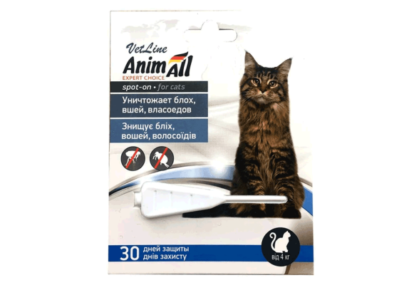AnimAll VetLine Краплі Спот-он проти бліх та кліщів для котів від 4 до 10 кг,1 мл
