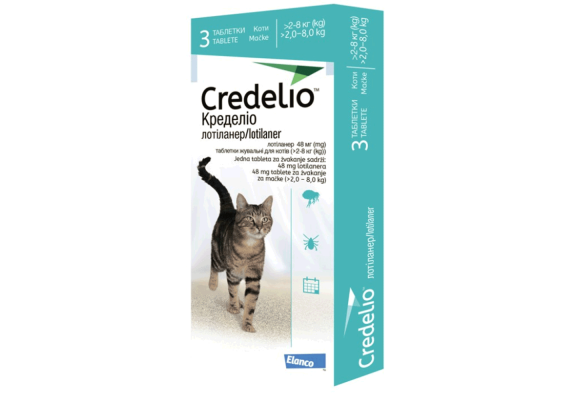 Elanco Credelio Протипаразитарні Жувальні таблетки від бліх та кліщів для котів вагою від 2 до 8 кг