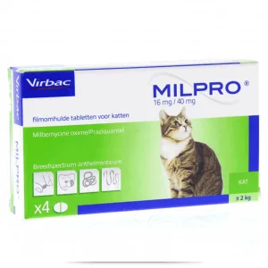 Virbac Milpro 16мг/40мг Таблетки для котів вагою від 2 до 8 кг для лікування та профілактики гельмінтозів, 1 таб